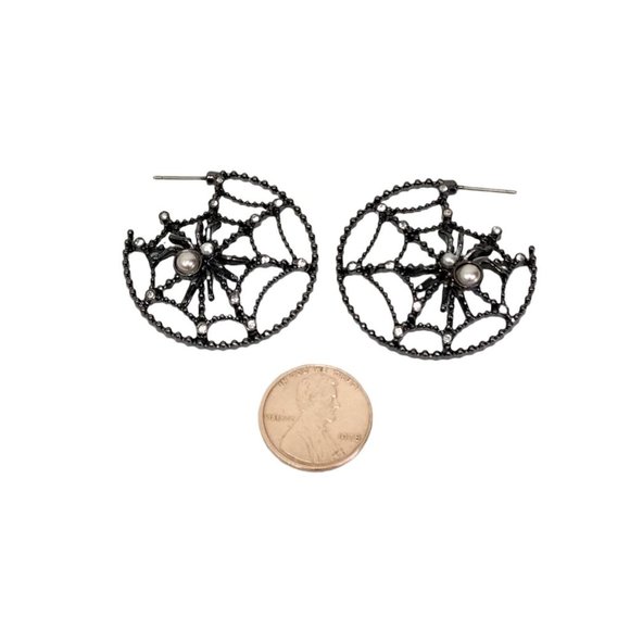 Spiderweb Pierce Earrings With Rhinestone Cosplay Hoop Gunmetal - Picture 9 of 9